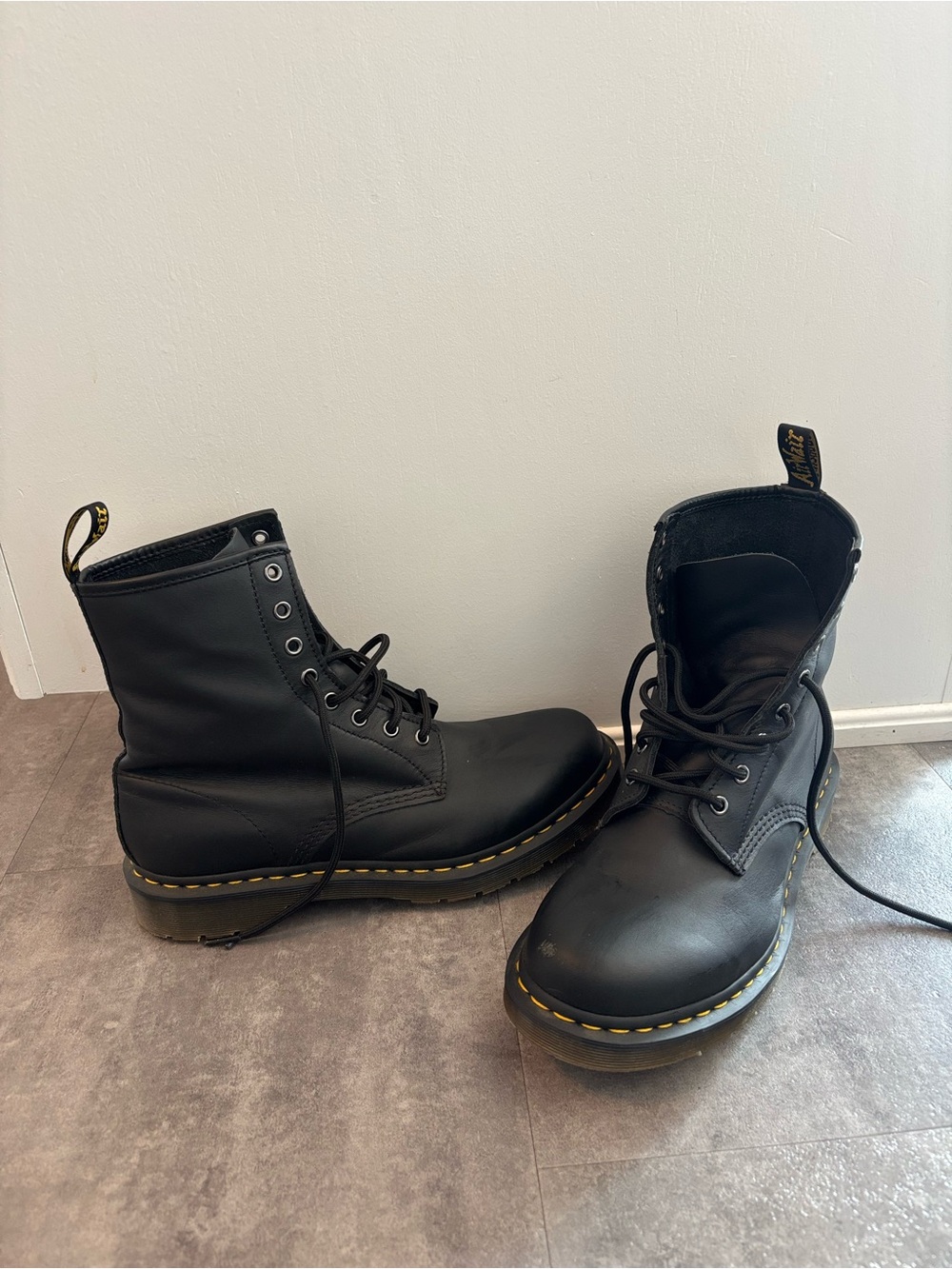 Dr. Martens Black Leather Lace-Up Boots with Yellow Stitching Detail